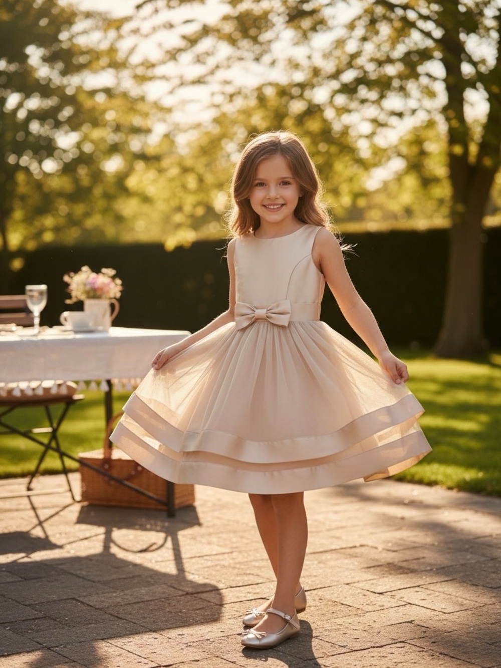 Speechless Girls Champagne Satin Tulle Bow Dress Size 8 Formal Flower Girl Party
